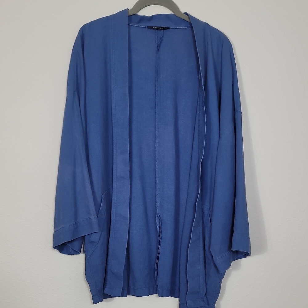 LCW Women’s Linen Blend Open Cardigan Size L Blue Pockets Lagenlook Coastal